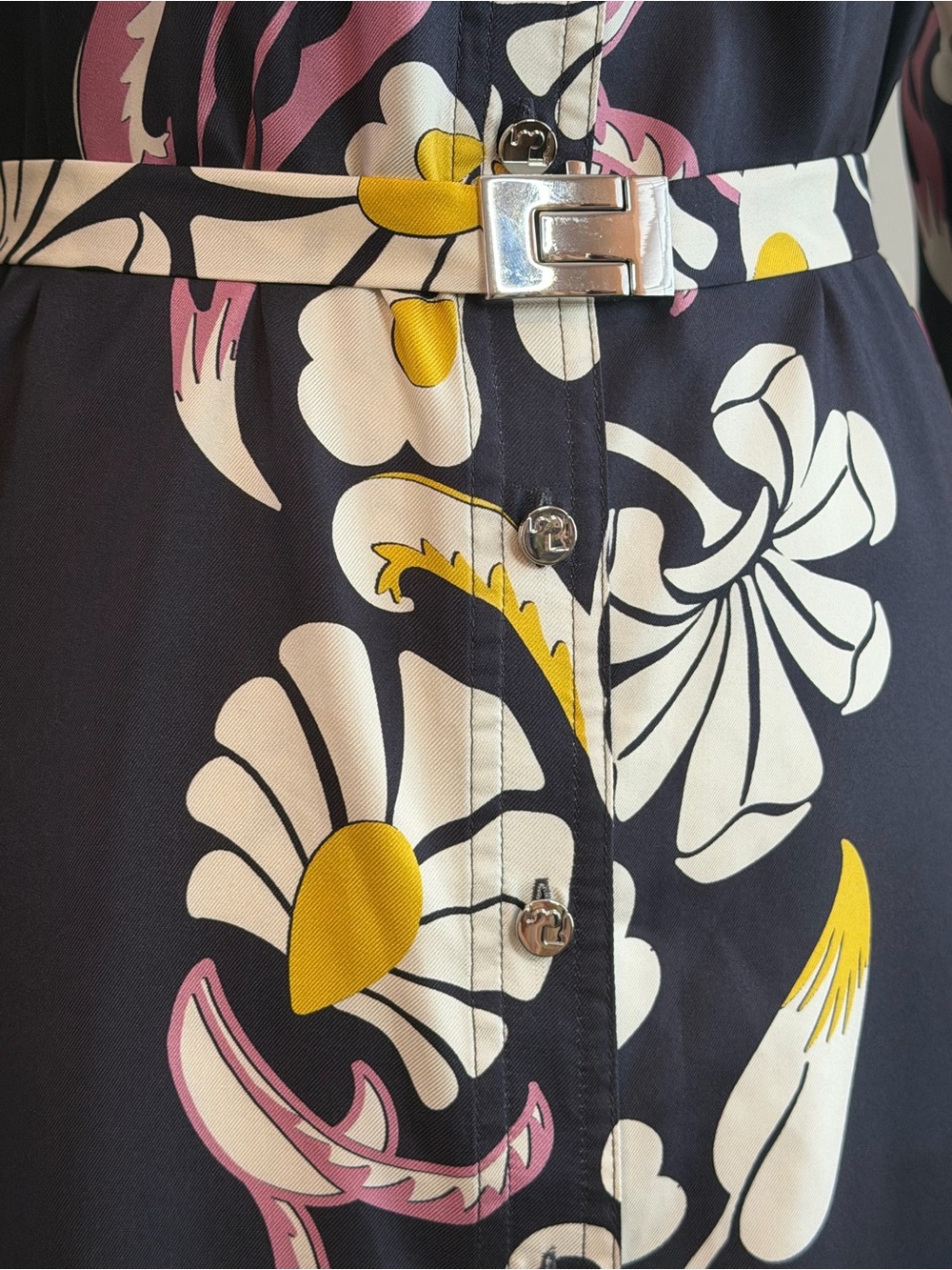 Tory Burch Printed Silk Twill Shirtdress Pink Tropical Border Belted Size 2 - Picture 6 of 13